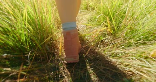 Nahaufnahme Frau in Wanderschuhen, die an einem sonnigen Tag an der grünen Graswiese spazieren geht