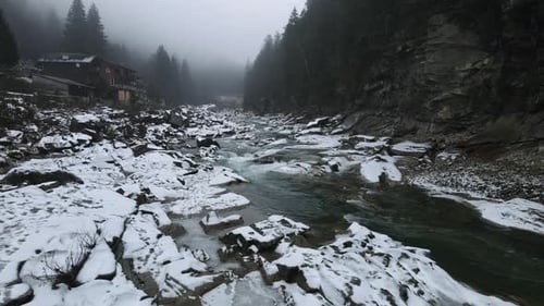 Aerial View Mountain River In The Carpathians In Winter Ukraine