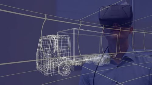 Futuristic Wireframe Truck Design in Virtual Reality Overlay