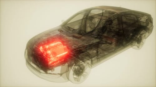 Transparent Car Engine X-ray Visualization with Red Glow