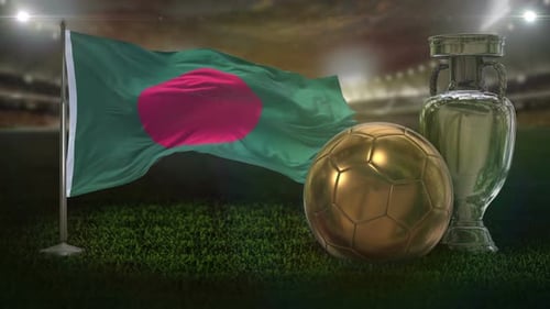 Waving Bangladesh Flag With Golden Soccer Ball And Trophy