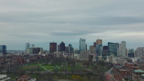 Aerial Panoramic View of Public Park and Modern Downtown Skyscrapers
