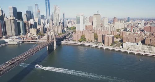 Aerial View Of Manhattan Bridge, New York City. Camera Moving Toward Manhattan.