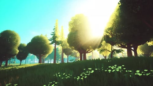 Cartoon Green Forest Landscape with Trees and Flowers