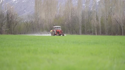 Tractor sprays crops in a green rural field