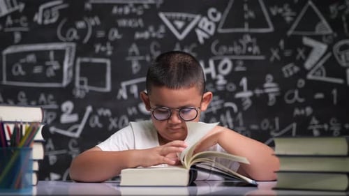 Boy Reads a Book in Front of Chalkboard