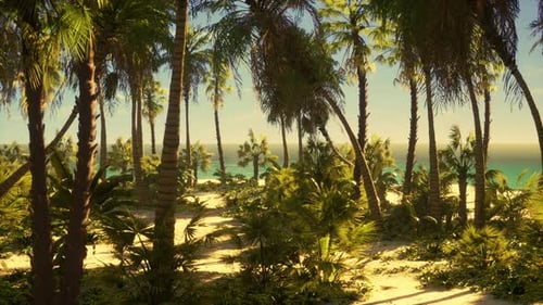 Paradise Landscape of Tropical Beach with Calm Ocean Waves and Palm Trees