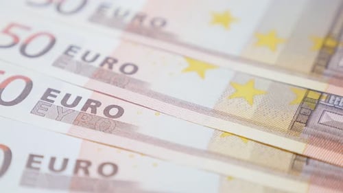 Fifty Euro banknotes in a row money background slow tilt 4K 3840X2160 UHD footage - European Union