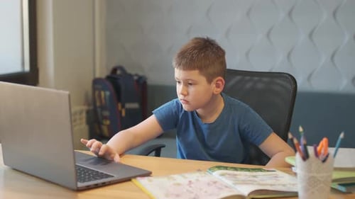 Boy Studying With Laptop Computer At Home