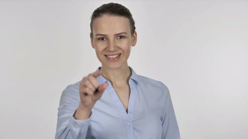 Inviting Gesture By Young Businesswoman on White Background