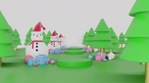 Animated 3D Christmas Scene with Snowmen and Gifts