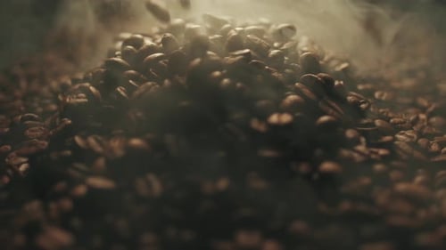 Steaming Coffee Beans Falling in Slow Motion