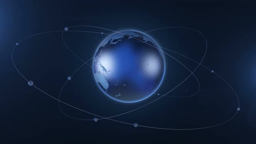 Looped Digital Globe Abstraktes 3D-Rendering einer Erdkugel mit Satelliten auf der Globusbahn