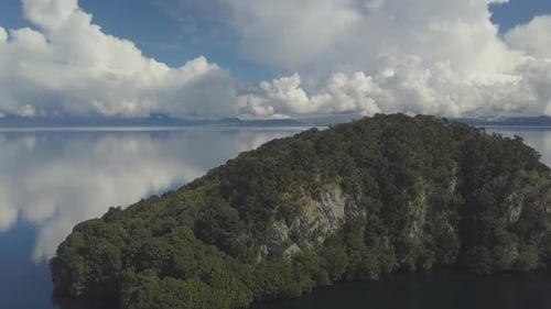 Flying by island on the lake