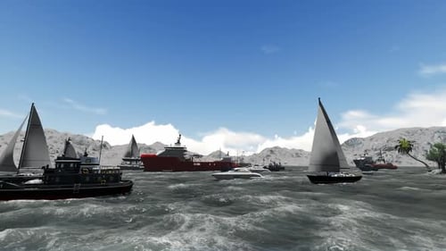Modern 3D Animation of Diverse Boats Sailing on Wavy Ocean