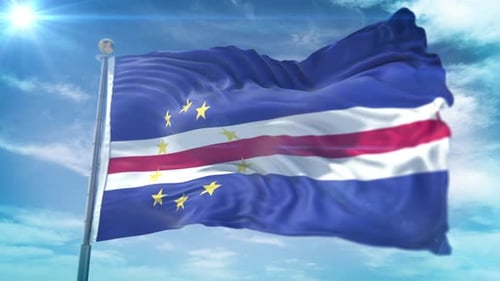 Cape Verde National Flag Waving Realistically Against Bright Blue Sky
