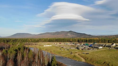 Aerial View of the Footbridge Over the River South Ural Russia