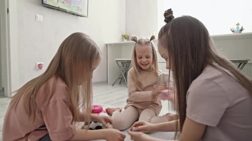 Young Girls Playing Together with Toys at Home