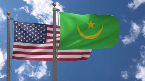 American and Mauritanian National Flags Waving Together