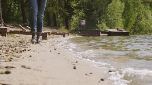 Person Walking on Sandy Beach by Lake