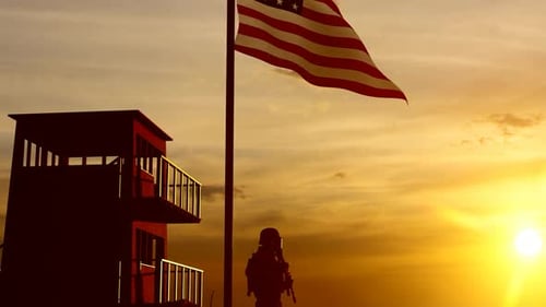 American Flag Unfurling Over Soldier Silhouette at Golden Sunset