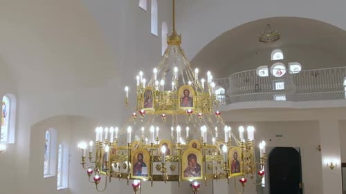 Aerial Drone Flight around Church Lampshade inside Church