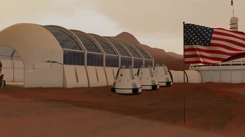 Astronaut Salutes American Flag at Futuristic Mars Colony Base