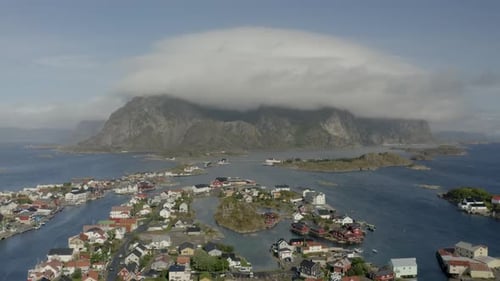 Aerial view of famous fishing village of Henningsvær. Lofoten islands, Norway.