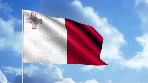 3D Flag on Flagpole on Background of Clouds