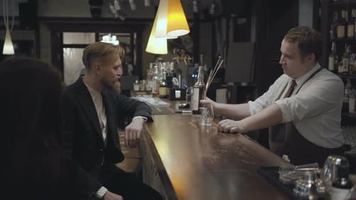 An Experienced Waiter Standing Behind the Bar of an Expensive Restaurant or Pub Offers a Good Sort