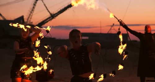 Fire Show Artist Breathe Fire in the Dark at Abandon Building Slow Motion