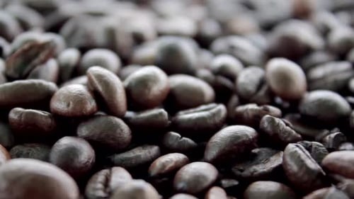 Coffee beans close up shot. Arabica roasted seed food. Black dark coffee beans. Brazilian ingredient