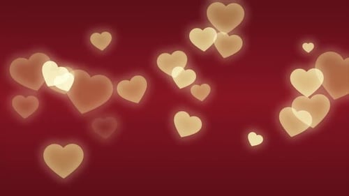 Flying Yellow Hearts Abstract Particles Red Background Loop