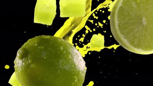 Dynamic Falling Limes with Yellow Splash