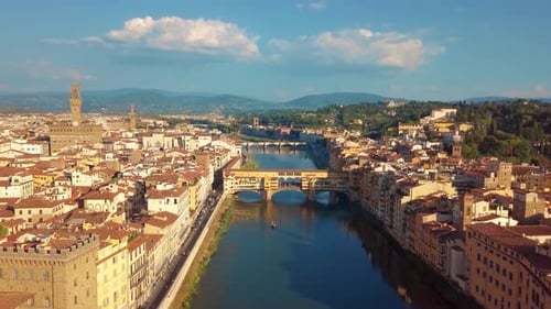 Aerial View. Florence Ponte Vecchio Bridge and City Skyline in Italy. Florence Is Capital City of