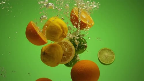 Mix of Exotic Citrus Fruits Falling Into Water in Slow Motion Orange Lime Grapefruit Lemon