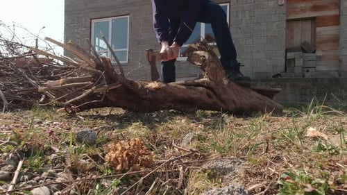 Unrecognizable Man Chopping A Log Slow Motion
