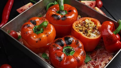 Stuffed Red Bell Peppers in Baking Pan