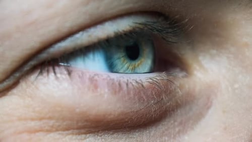 Schönes blaues Frauenauge, extreme Nahaufnahme. Sicht. Detailansicht Junge Mädchenauge