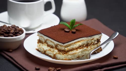 Delicious Tiramisu with Coffee and Coffee Beans