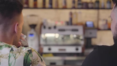 Back View of Two Adult Men Clink Glasses Sitting at the Bar Counter Smiling