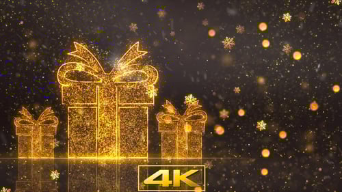 Glowing Golden Christmas Gift Boxes with Falling Snowflakes