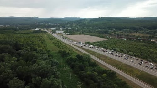 Aerial View of Freeway Rush Hour Traffic Jam Highway