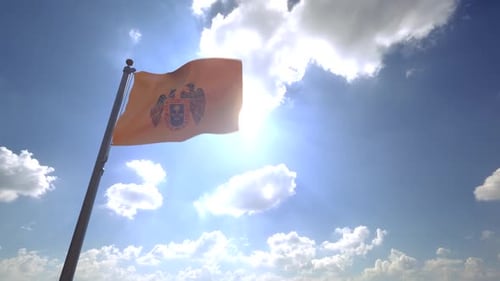 Realistic Waving Flag with Official Coat of Arms Against Blue Sky