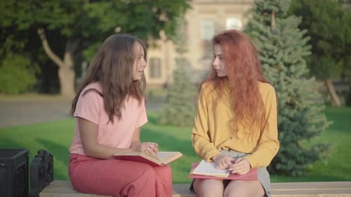 Portrait of Two Cheerful Young Caucasian Women Sitting on Bench on Campus and Chatting As