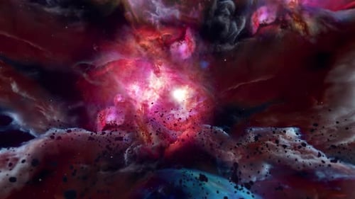 Flying Through a Vibrant Cosmic Nebula with Asteroids