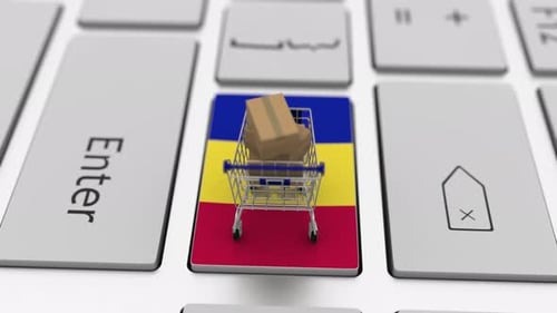 Key with Flag of Andorra and Shopping Cart with Boxes