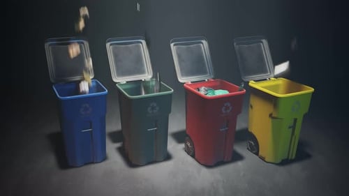 Four Recycling Bins Sorting Waste Materials 3D Animation
