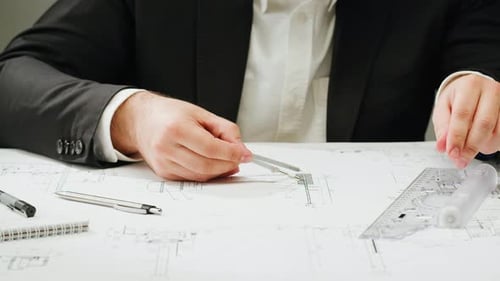 Architect Man Drawing Plan Blueprint Closeup