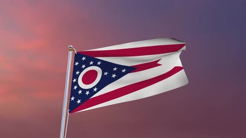 Ohio State Flag Waving Animation Against a Sunset Sky